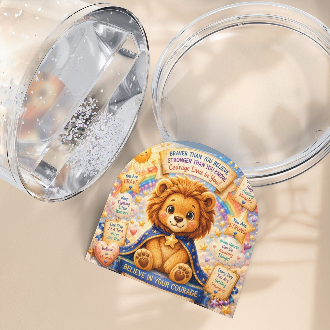 Sea Dragon Dreams Brave Buddies Lion snow globe featuring a courageous lion illustration and inspirational messages.