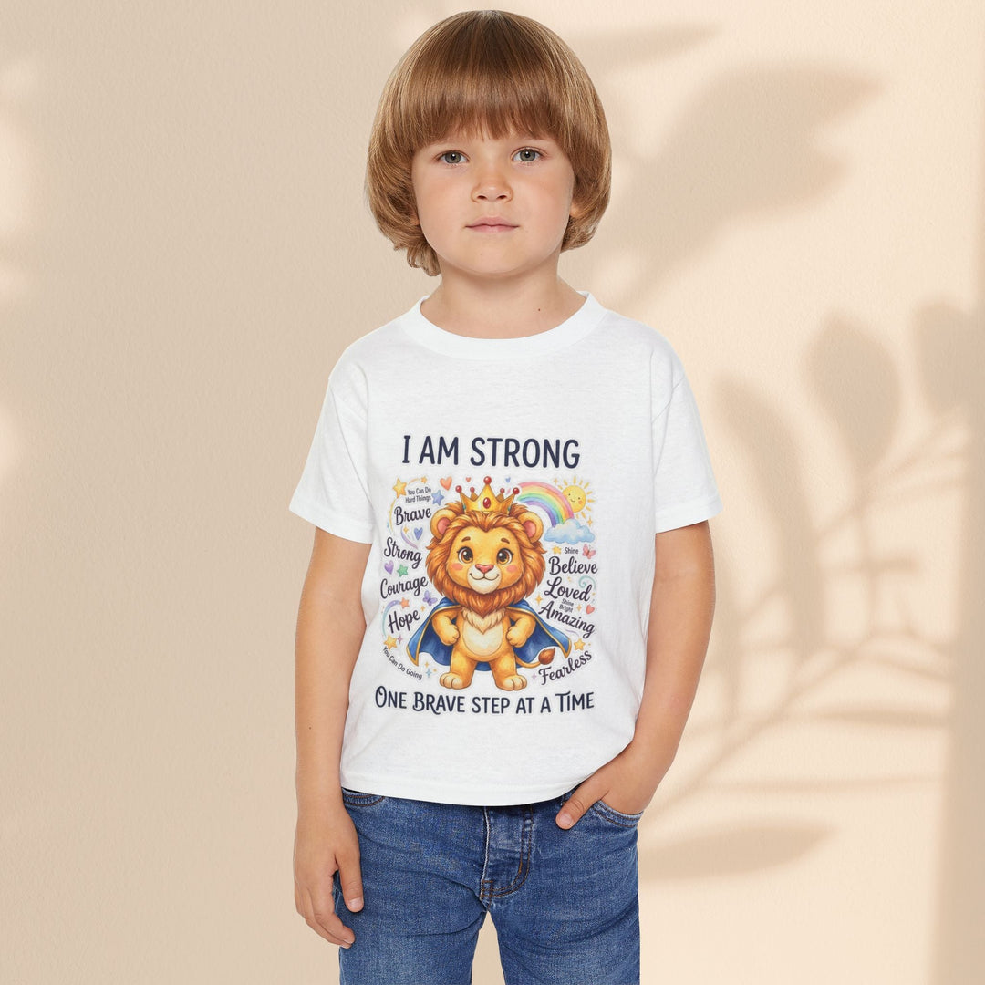 Sea Dragon Dreams toddler t-shirt featuring a cute lion graphic with the empowering text I Am Strong