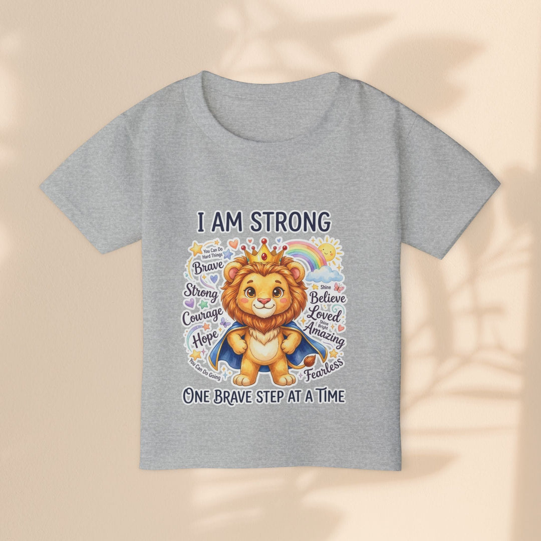 Sea Dragon Dreams toddler t-shirt in heather grey cotton with a lion graphic and I Am Strong affirmation text.
