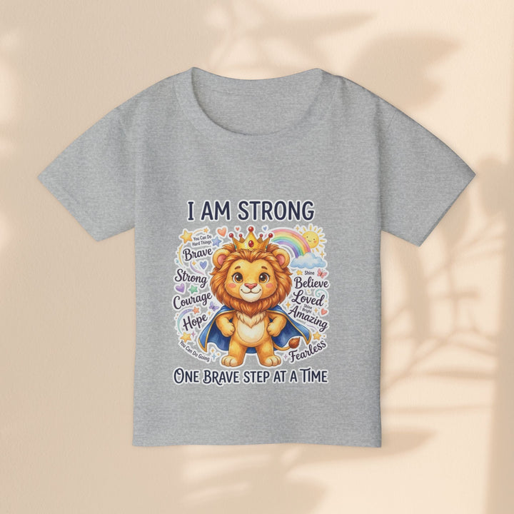 Sea Dragon Dreams toddler t-shirt in heather grey cotton with a lion graphic and I Am Strong affirmation text.