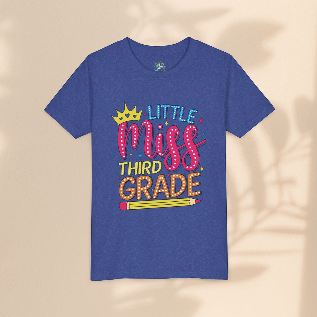 Sea Dragon Dreams blue youth t-shirt with Little Miss Third Grade graphic, crown, and pencil design.