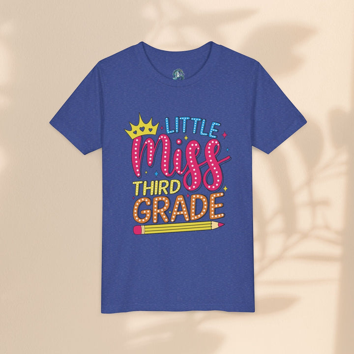 Sea Dragon Dreams blue youth t-shirt with Little Miss Third Grade graphic, crown, and pencil design.