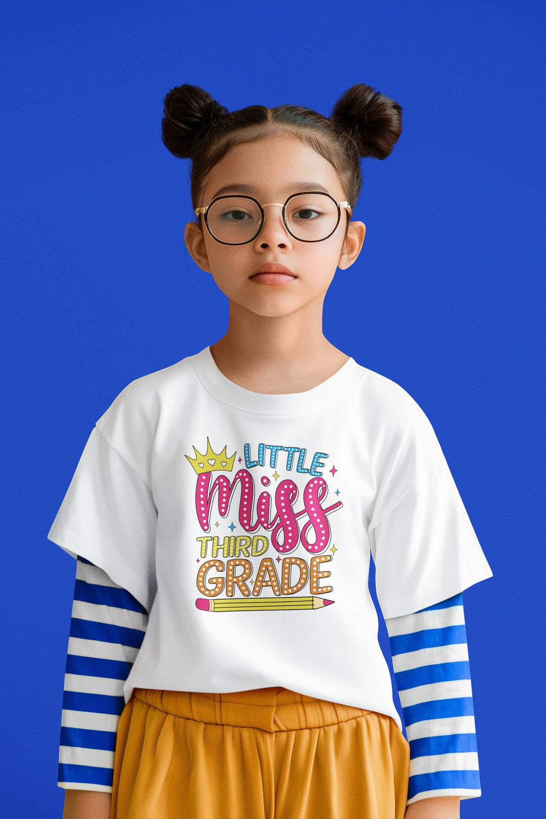 Sea Dragon Dreams youth t-shirt featuring Little Miss Third Grade graphic with crown and pencil on soft white cotton