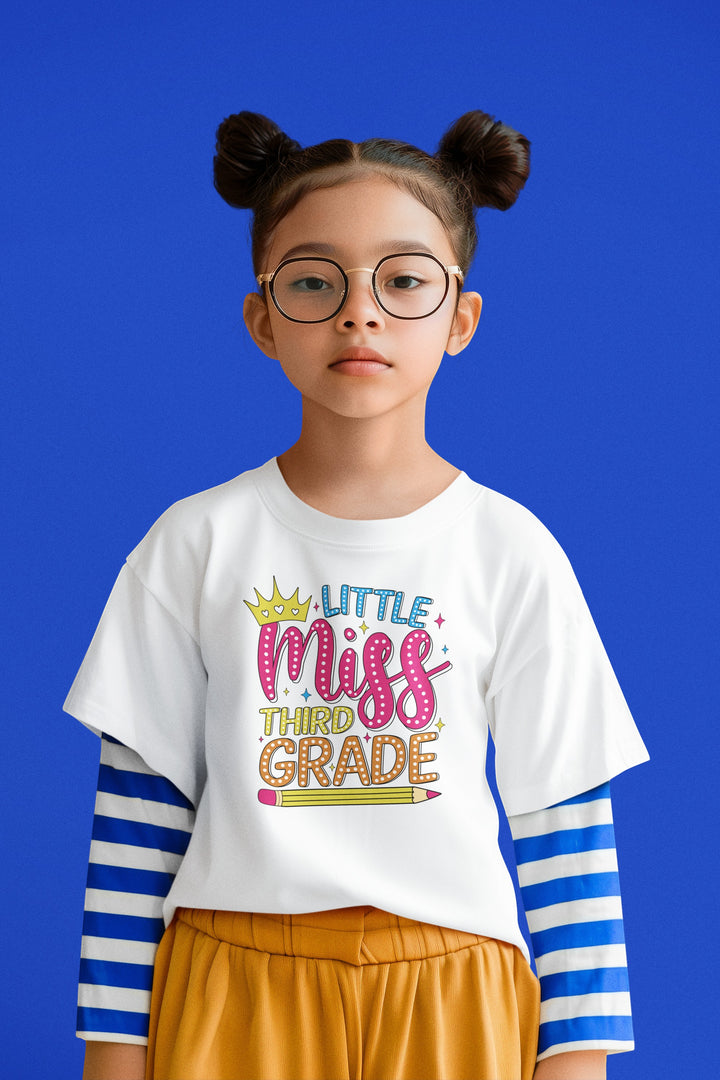 Sea Dragon Dreams youth t-shirt featuring Little Miss Third Grade graphic with crown and pencil on soft white cotton