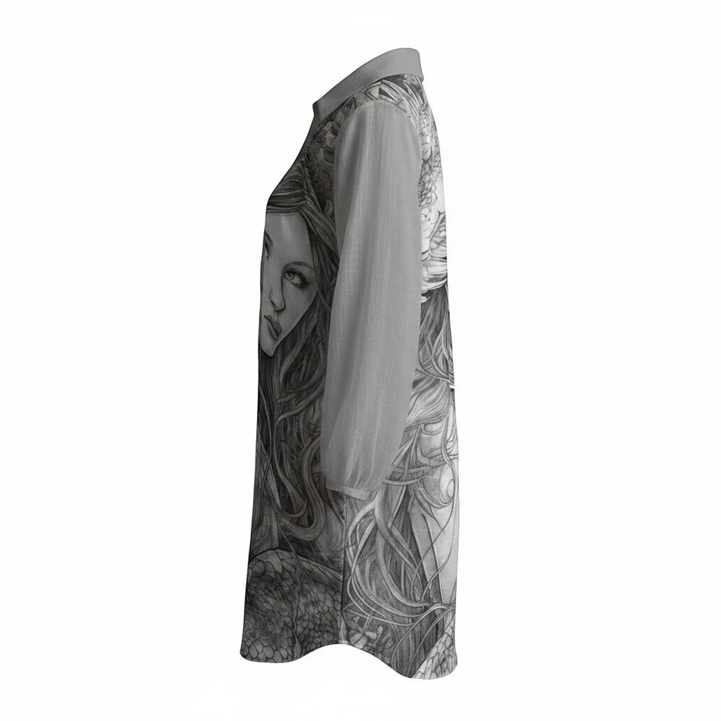Sea Dragon Dreams long-sleeve shirt dress in grey with a detailed dragon and woman fantasy print and slub texture
