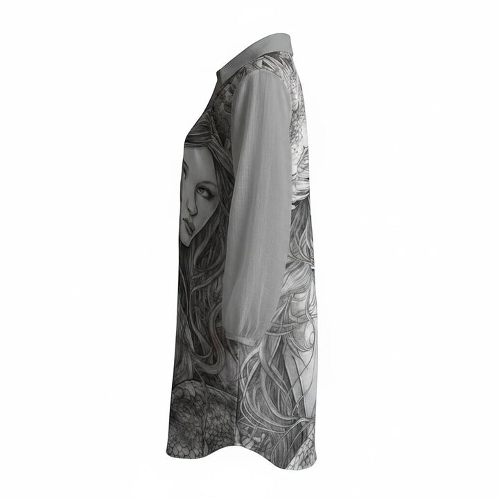Sea Dragon Dreams long-sleeve shirt dress in grey with a detailed dragon and woman fantasy print and slub texture