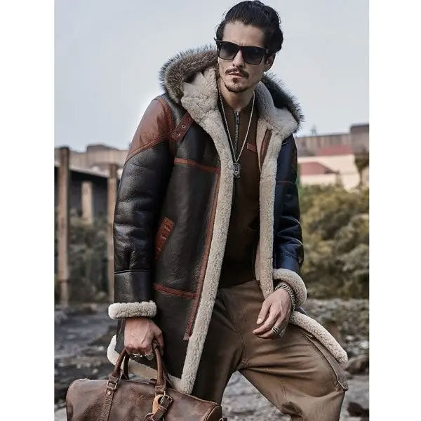 Sea Dragon Dreams men's longline leather bomber jacket with a warm shearling lining and fur-trimmed hood.