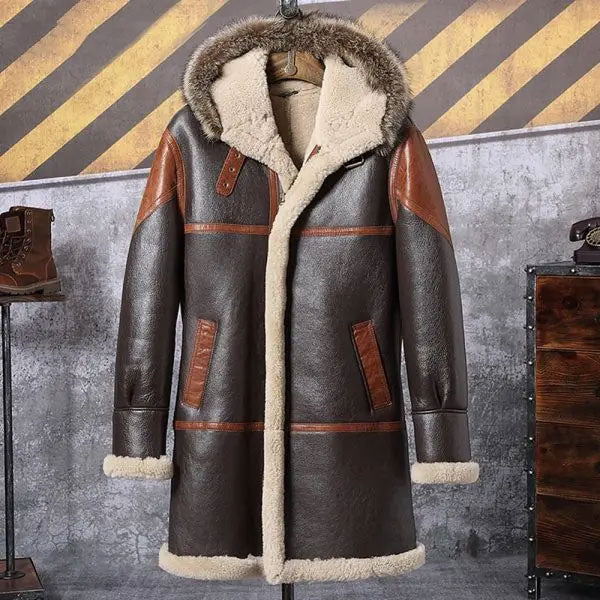 Sea Dragon Dreams men's longline bomber jacket in brown leather with a warm cream shearling lining and fur-trimmed hood