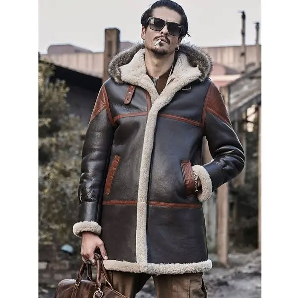 Sea Dragon Dreams men's longline leather bomber jacket with a warm shearling lining and fur-trimmed hood.
