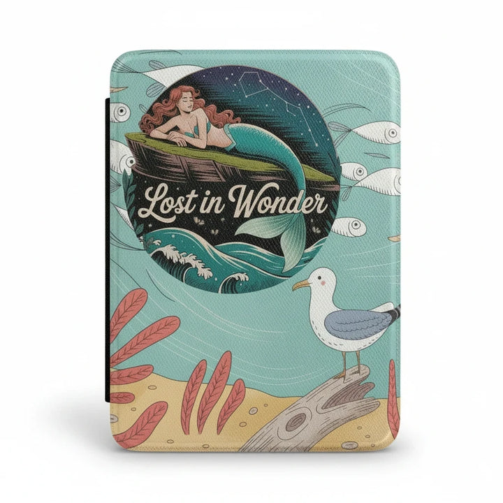 Sea Dragon Dreams Lost in Wonder Kindle case featuring a mermaid illustration on a light blue background