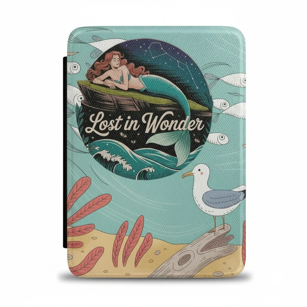 Sea Dragon Dreams Lost in Wonder Kindle case featuring a mermaid in a boat, seagull, and ocean art on a teal background