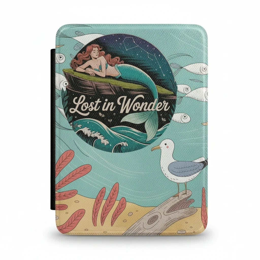 Sea Dragon Dreams Lost in Wonder Kindle case featuring a mermaid illustration on a teal background with a seagull.