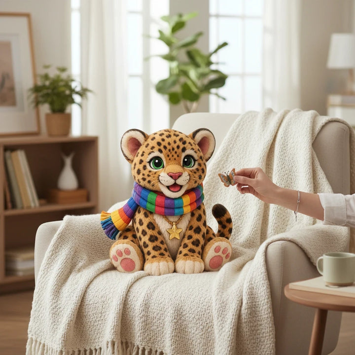 Sea Dragon Dreams Lucky Leopard confidence pillow with a rainbow scarf and star charm sitting on a cozy armchair.