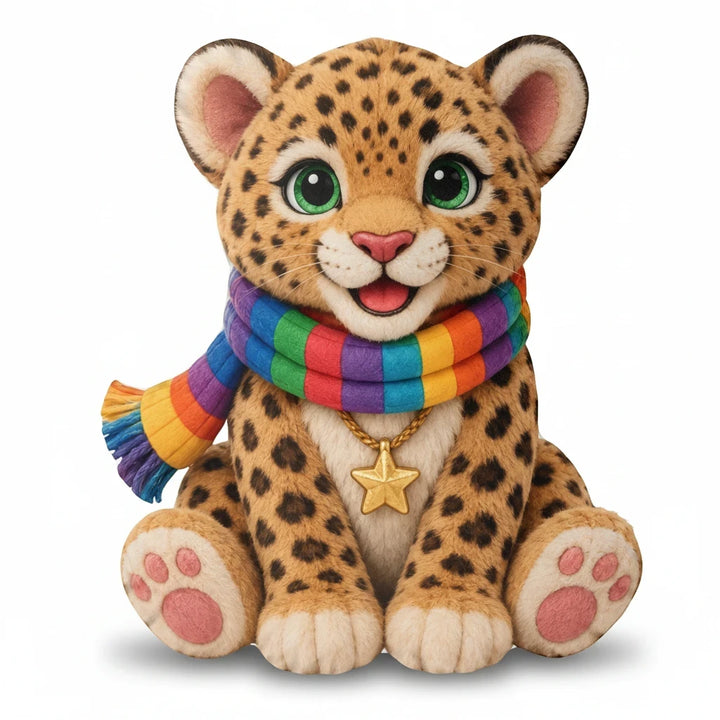 Sea Dragon Dreams Lucky Leopard plush pillow with a rainbow scarf and gold star necklace for children