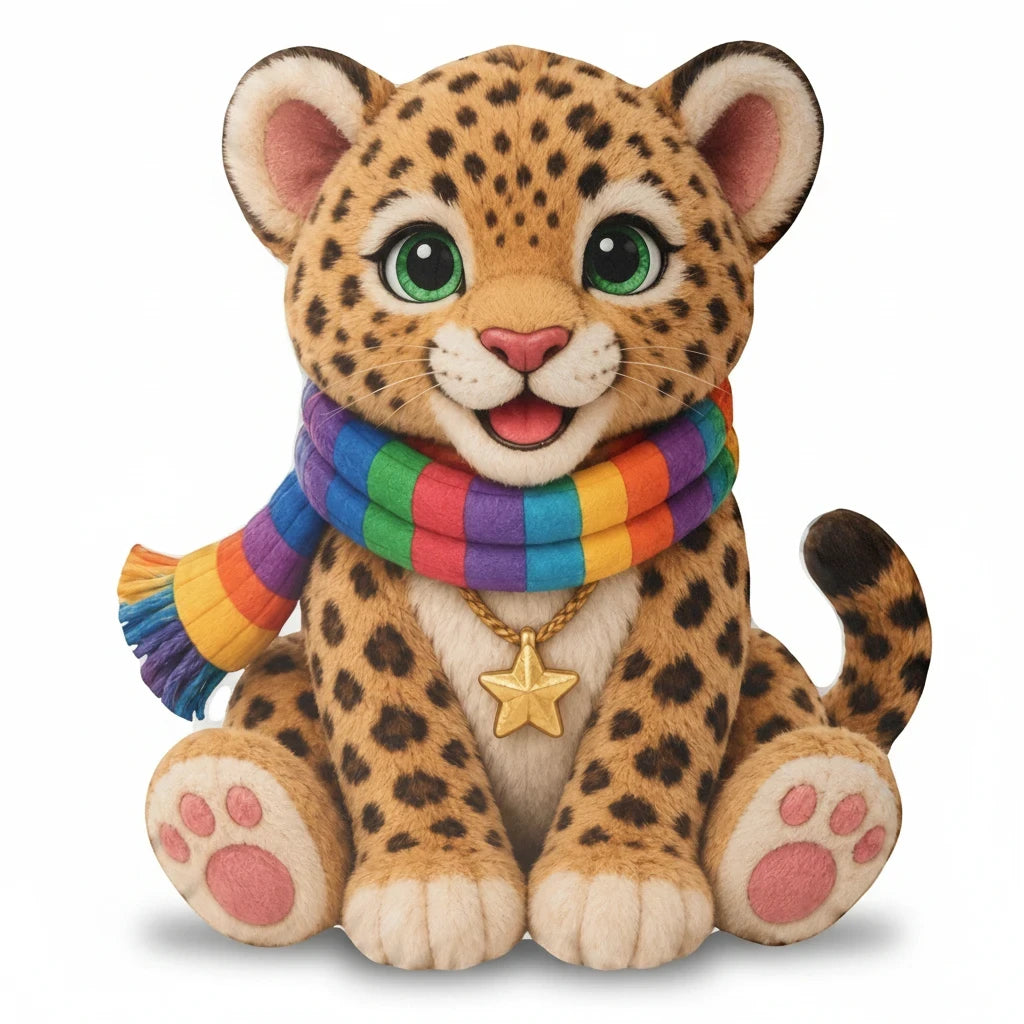 Sea Dragon Dreams Lucky Leopard plush pillow with a rainbow scarf and gold star necklace, featuring a cute leopard.