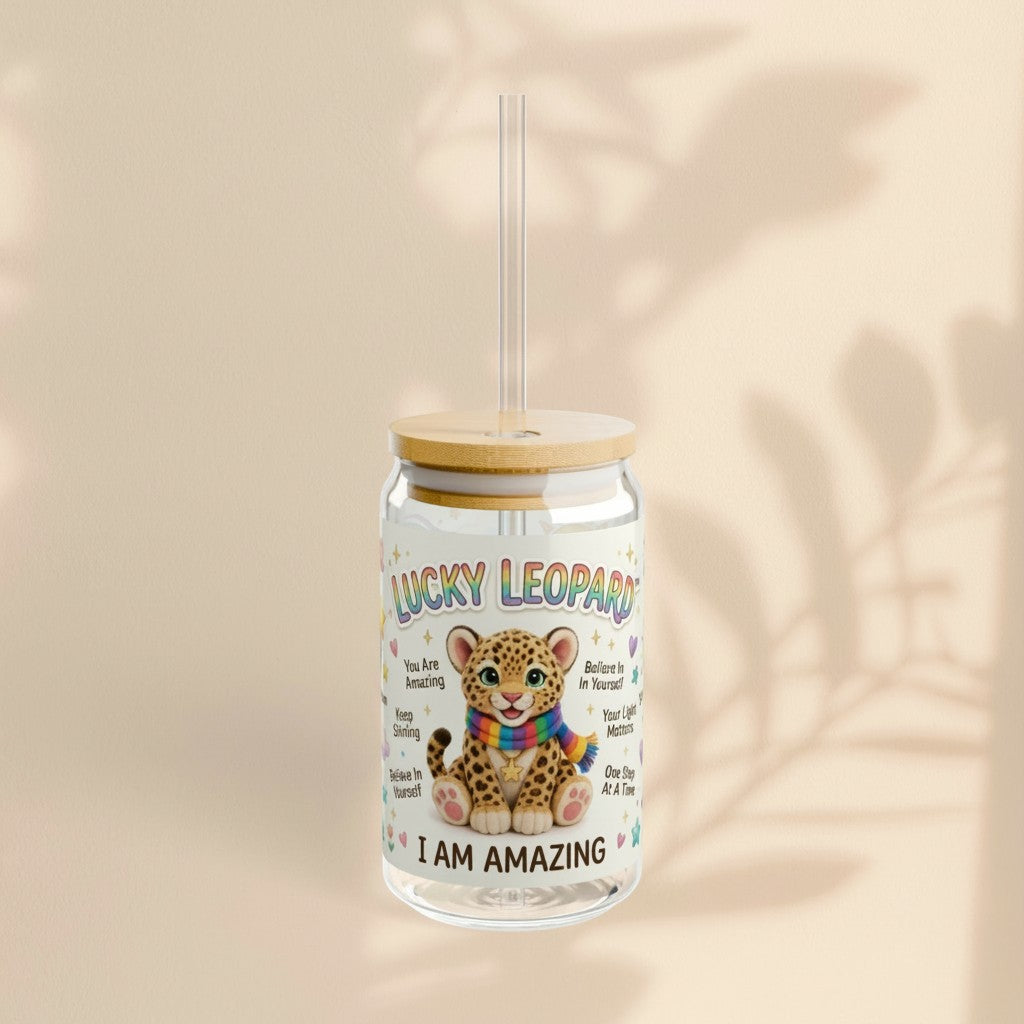 Sea Dragon Dreams 16oz glass sipper with Lucky Leopard illustration, rainbow scarf, and I Am Amazing affirmation.