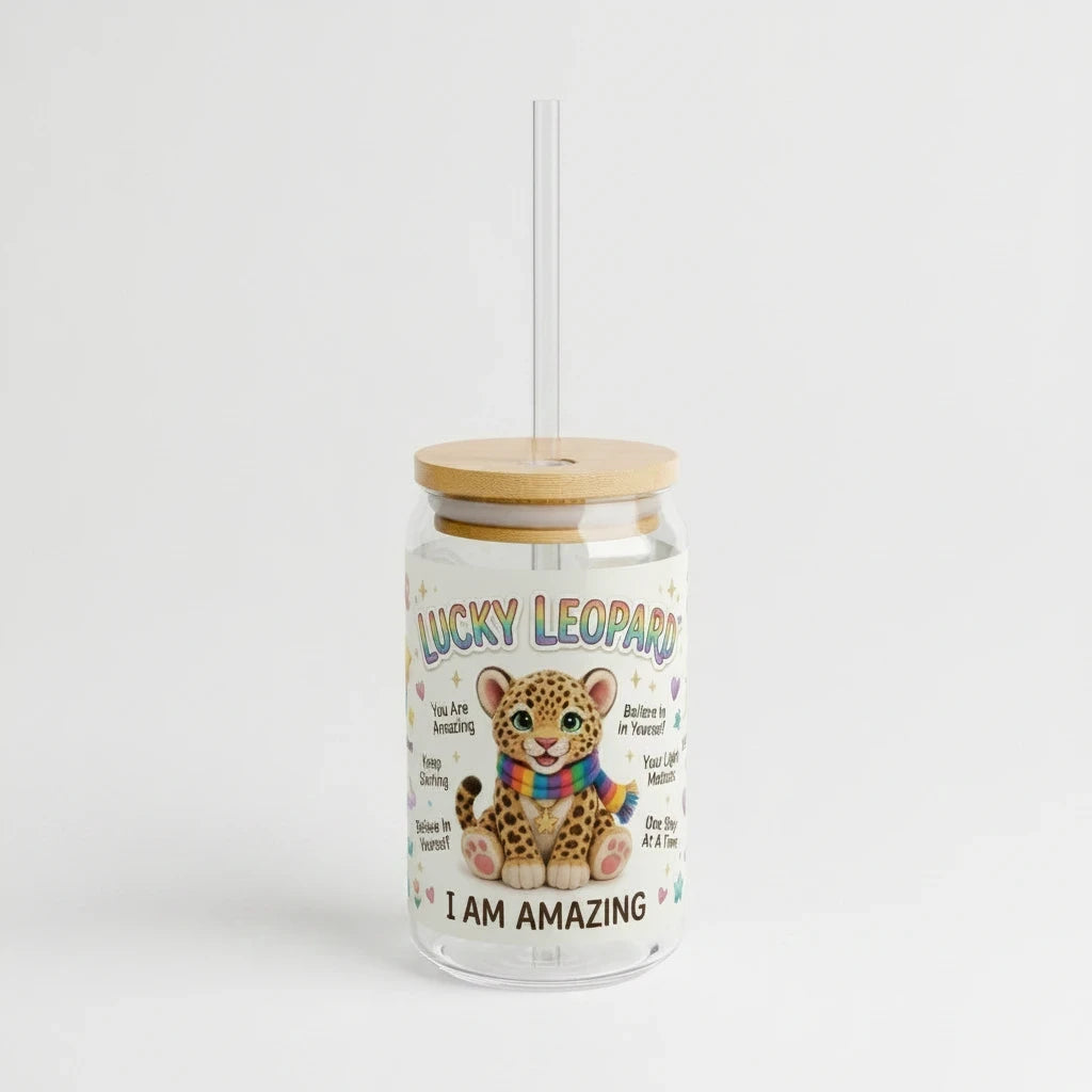 Sea Dragon Dreams Lucky Leopard 16oz glass sipper with bamboo lid, clear straw, and colorful I Am Amazing graphic.