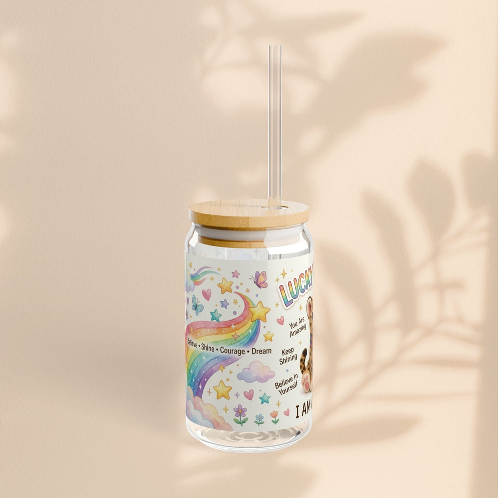 Sea Dragon Dreams Lucky Leopard sipper glass with bamboo lid, Tritan straw, rainbow design, and I Am Amazing text.