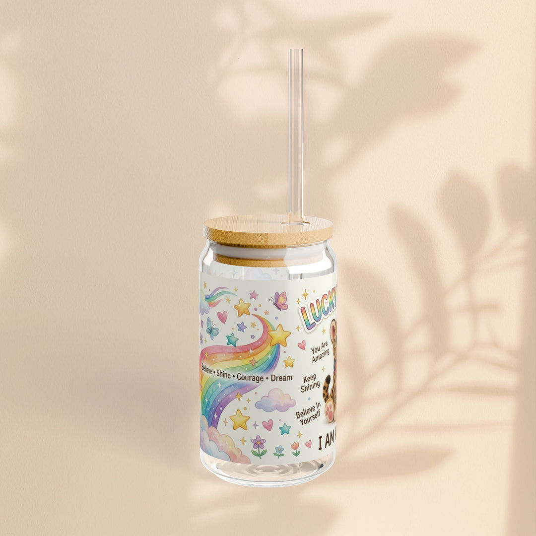 Sea Dragon Dreams Lucky Leopard sipper glass with bamboo lid, Tritan straw, rainbow design, and I Am Amazing text.