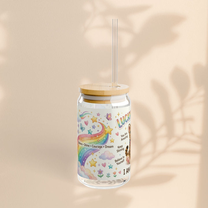 Sea Dragon Dreams Lucky Leopard sipper glass with bamboo lid, Tritan straw, rainbow design, and I Am Amazing text.