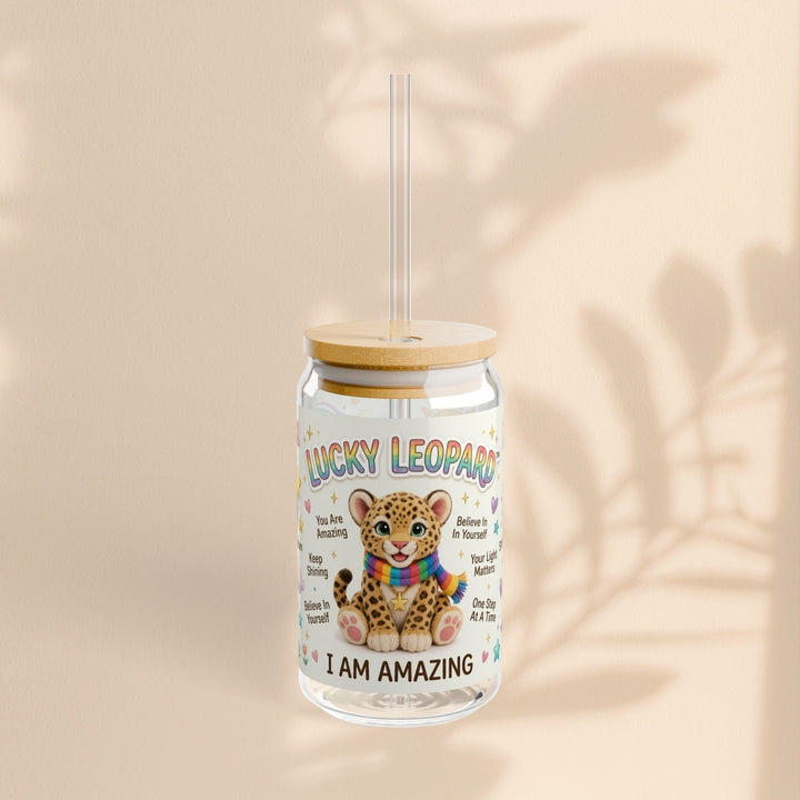 Sea Dragon Dreams Lucky Leopard 16oz glass sipper with bamboo lid, straw, and I Am Amazing affirmation print.