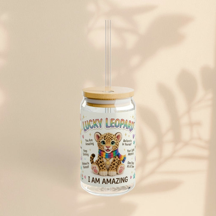 Sea Dragon Dreams Lucky Leopard 16oz glass sipper with bamboo lid, Tritan straw, and colorful empowering affirmations.