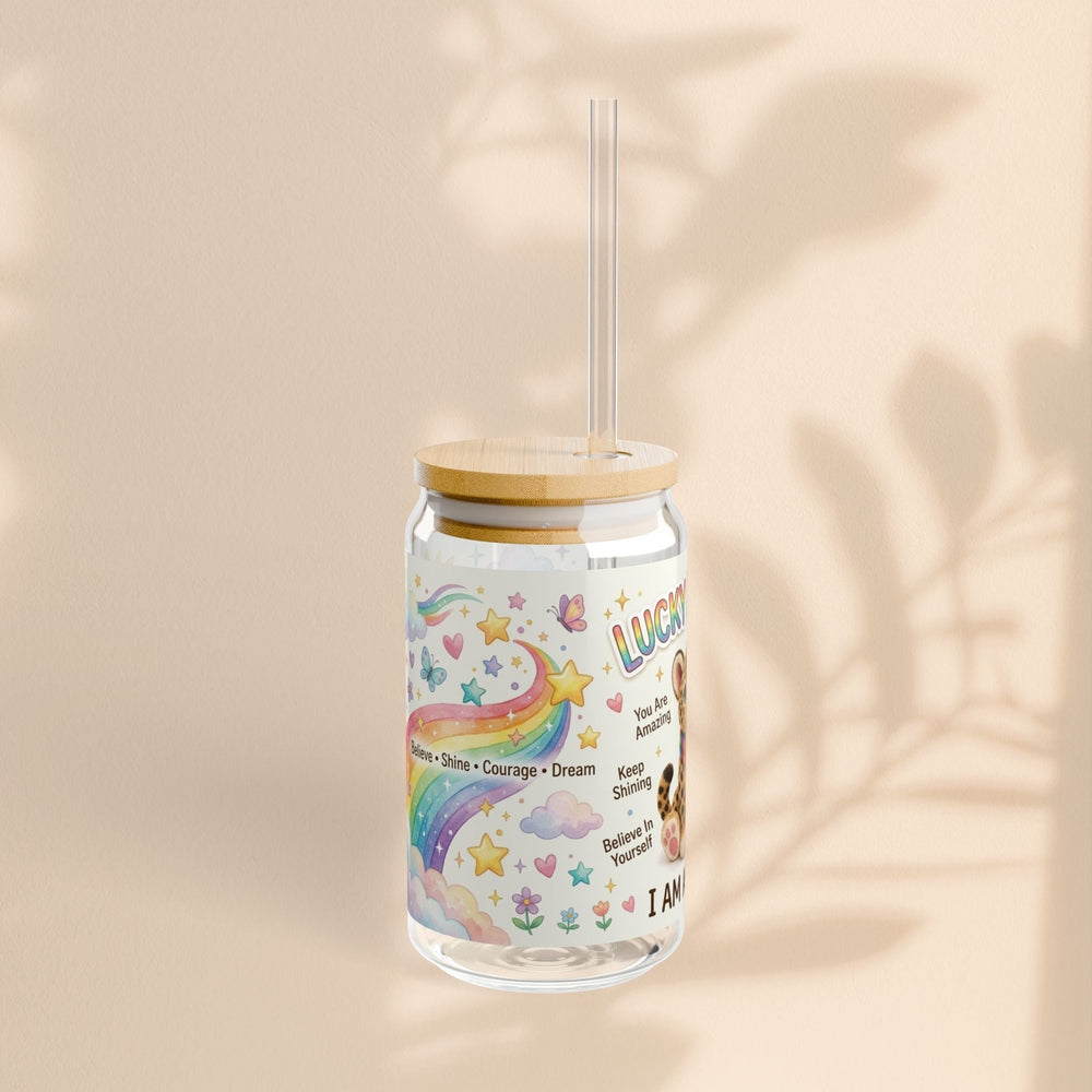 Sea Dragon Dreams 16oz clear glass sipper with bamboo lid, featuring a Lucky Leopard, rainbow, and I Am Amazing text.