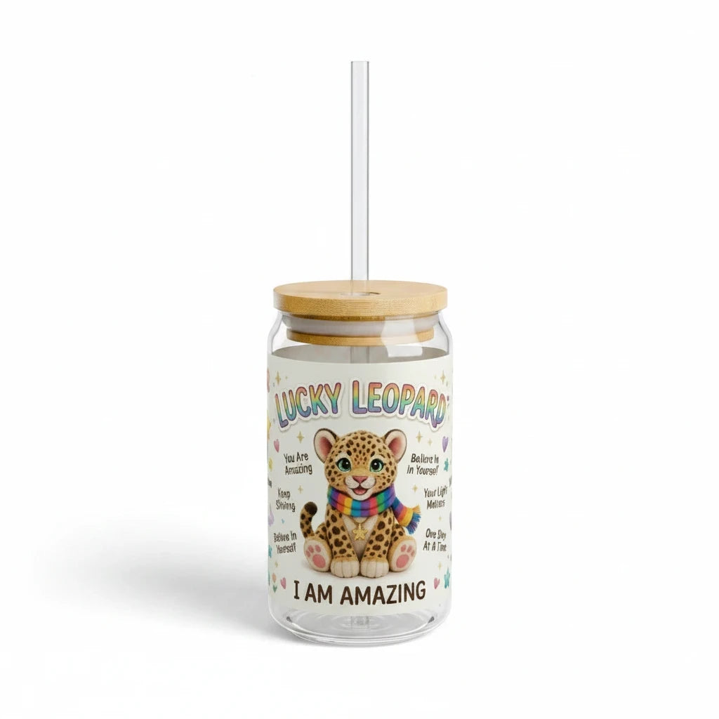 Sea Dragon Dreams Lucky Leopard 16oz glass sipper with bamboo lid, Tritan straw, and colorful affirmation print.