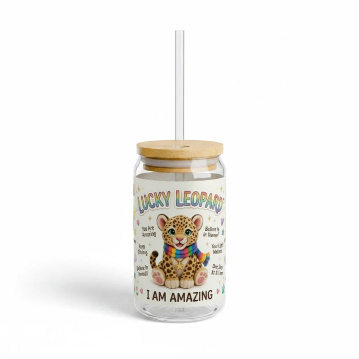Sea Dragon Dreams Lucky Leopard 16oz glass sipper with bamboo lid, Tritan straw, and colorful affirmation print.