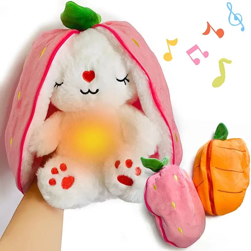 Sea Dragon Dreams luminous plush bunny doll with strawberry hood, soft white fur, glowing light, and musical notes