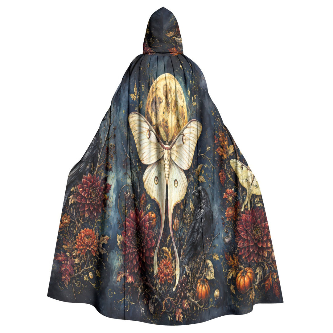 Sea Dragon Dreams unisex hooded cloak featuring a luna moth, full moon, raven, and autumn flowers on scuba fabric.