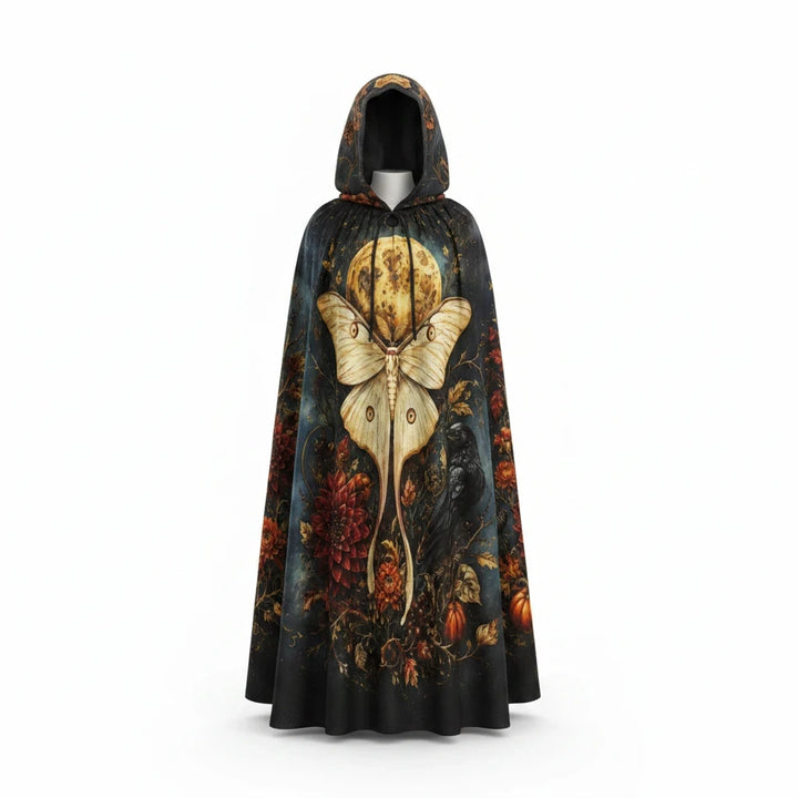 Sea Dragon Dreams unisex hooded cloak featuring a luna moth, full moon, raven, and autumn flowers on black fabric.
