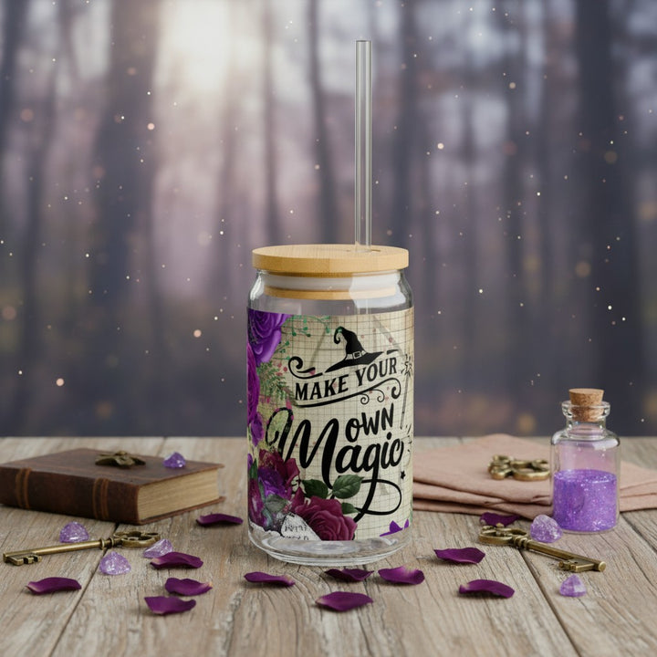 Sea Dragon Dreams 16oz clear glass sipper with bamboo lid, straw, and Make Your Own Magic floral witchy design.