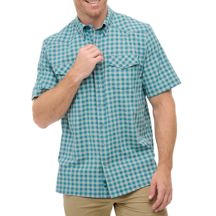 Sea Dragon Dreams Mahi Pearl Snap Shirt in teal and white gingham check with chest pockets and short sleeves