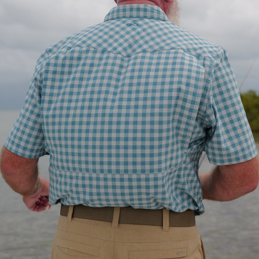 Sea Dragon Dreams Mahi Pearl Snap Shirt in light blue and white gingham check, featuring a back yoke and vents.