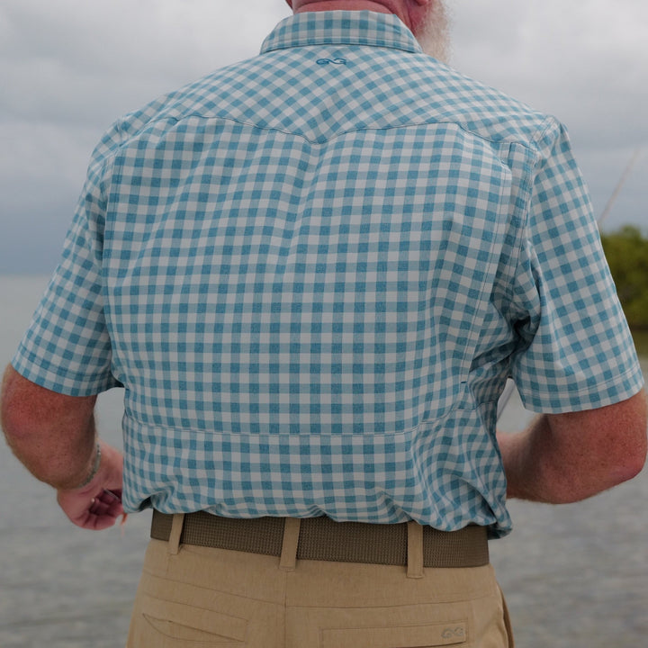 Sea Dragon Dreams Mahi Pearl Snap Shirt in light blue and white gingham check, featuring a back yoke and vents.