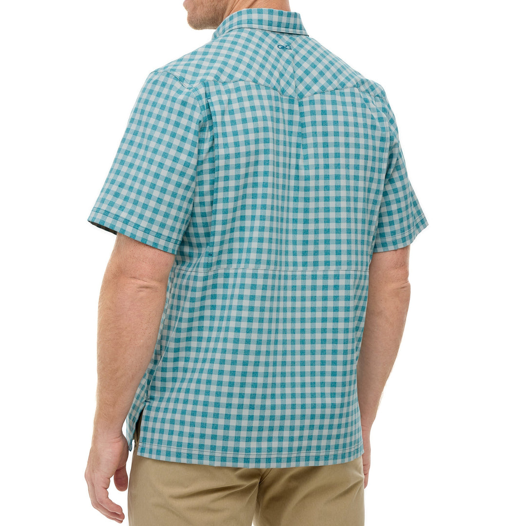 Back view of Sea Dragon Dreams Mahi Pearl Snap Shirt in teal and white gingham check with short sleeves.