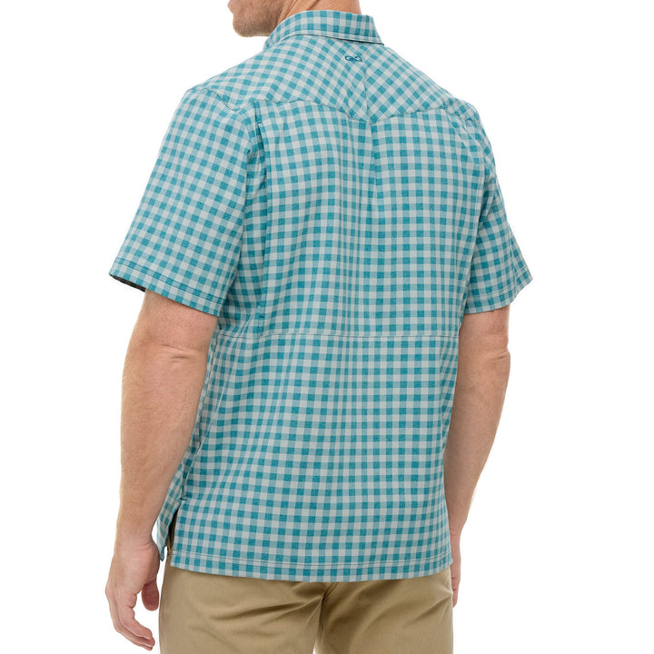 Back view of Sea Dragon Dreams Mahi Pearl Snap Shirt in teal and white gingham check with short sleeves.