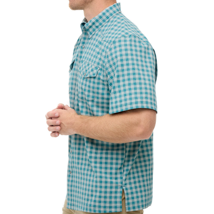 Sea Dragon Dreams Mahi Pearl Snap Shirt in teal and white gingham check, side view showing short sleeves and vents.