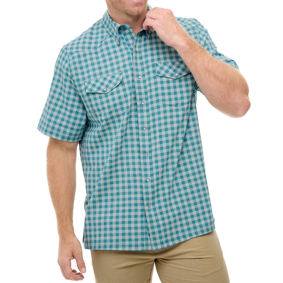 Sea Dragon Dreams Mahi Pearl Snap Shirt in teal and white gingham with chest pockets and short sleeves