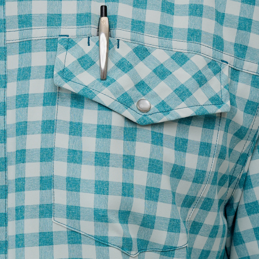 Sea Dragon Dreams Mahi Pearl Snap Shirt featuring a teal and white gingham pattern with a functional chest pocket.