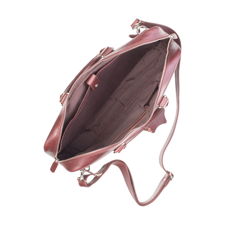 Sea Dragon Dreams mahogany leather laptop bag with open top, cotton-lined interior, and nickel-finish hardware.