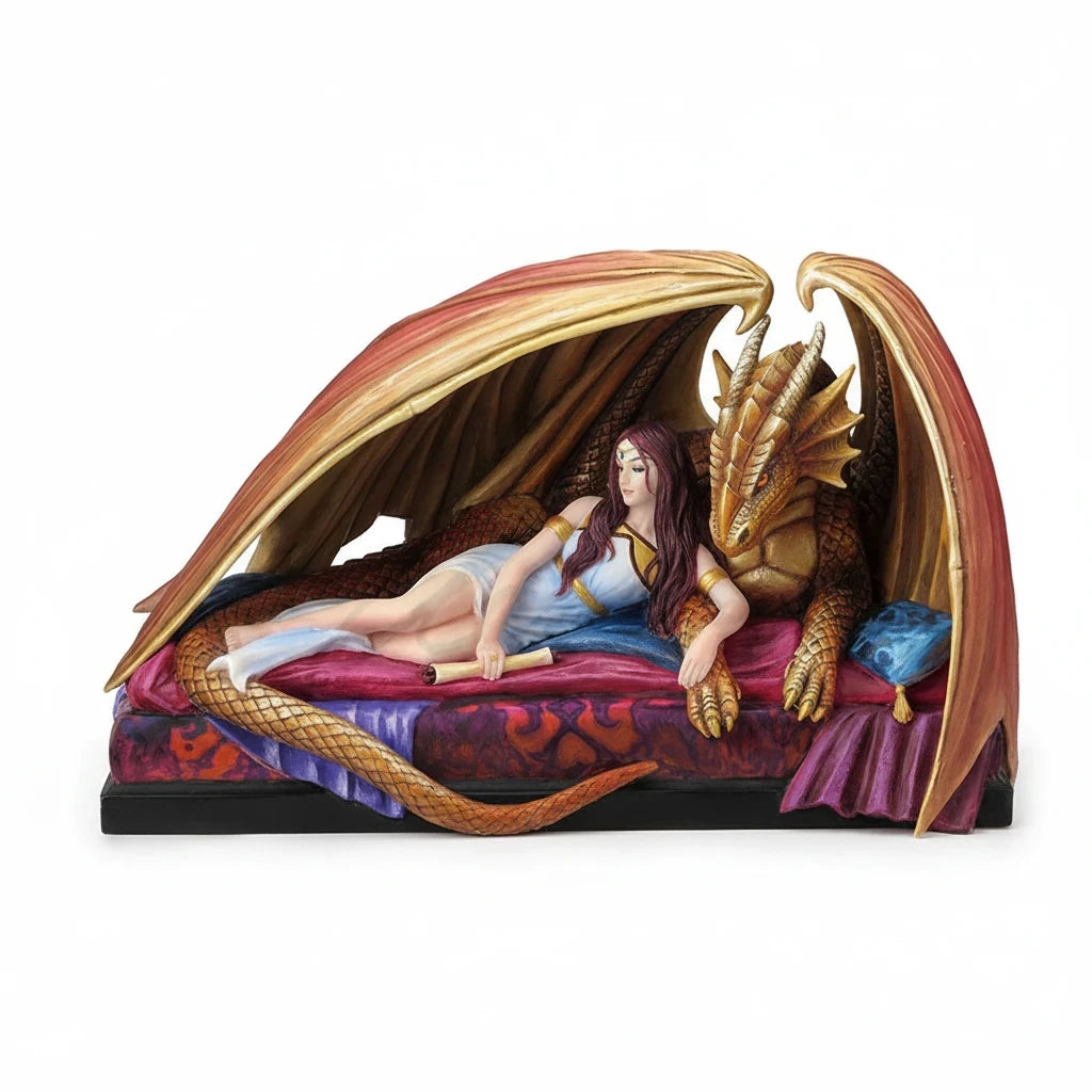 Sea Dragon Dreams Inner Sanctum polystone figurine featuring a maiden and dragon resting on a chaise lounge