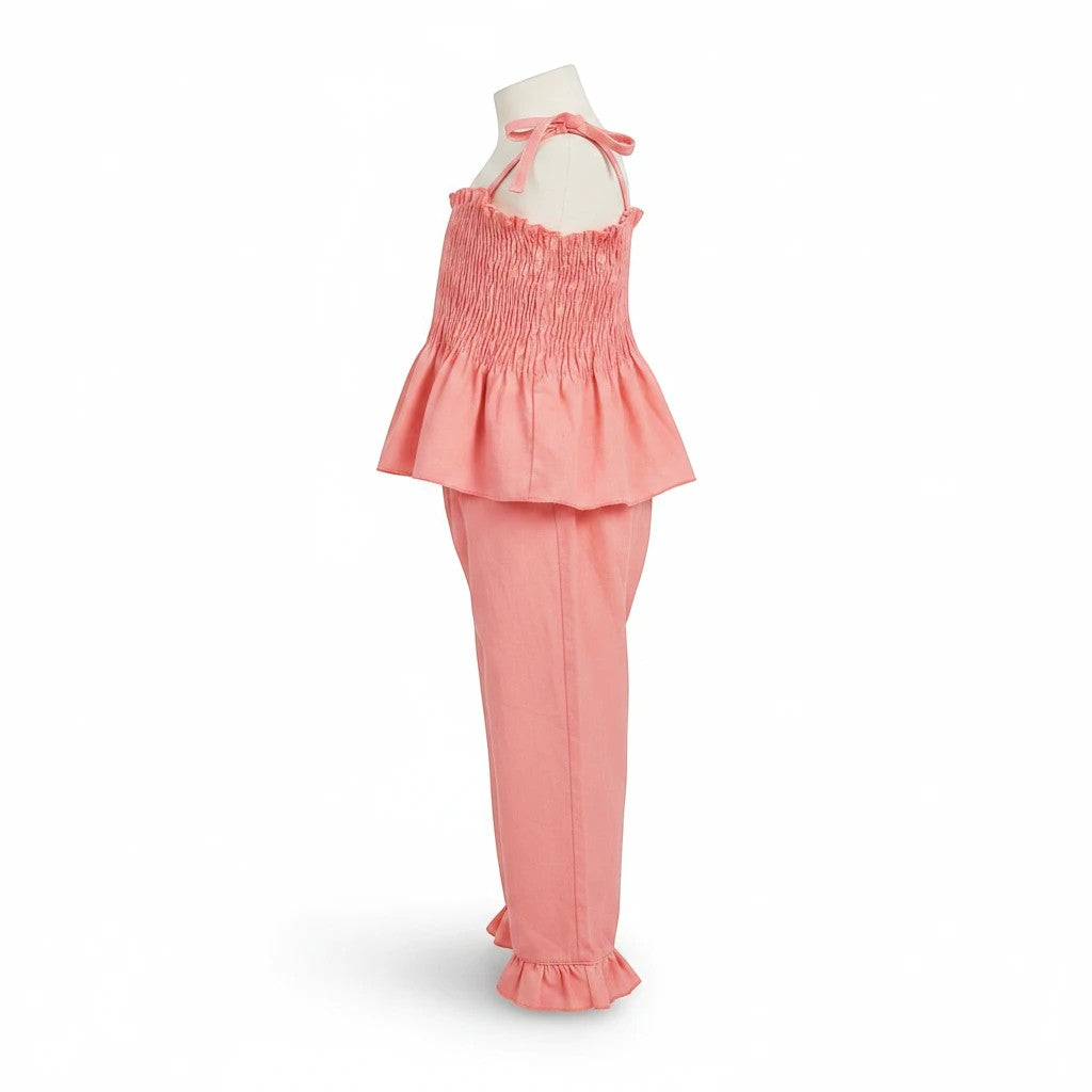 Sea Dragon Dreams Maisie smocked two-piece set in pressed peony pink cotton with tie straps and ruffled hem