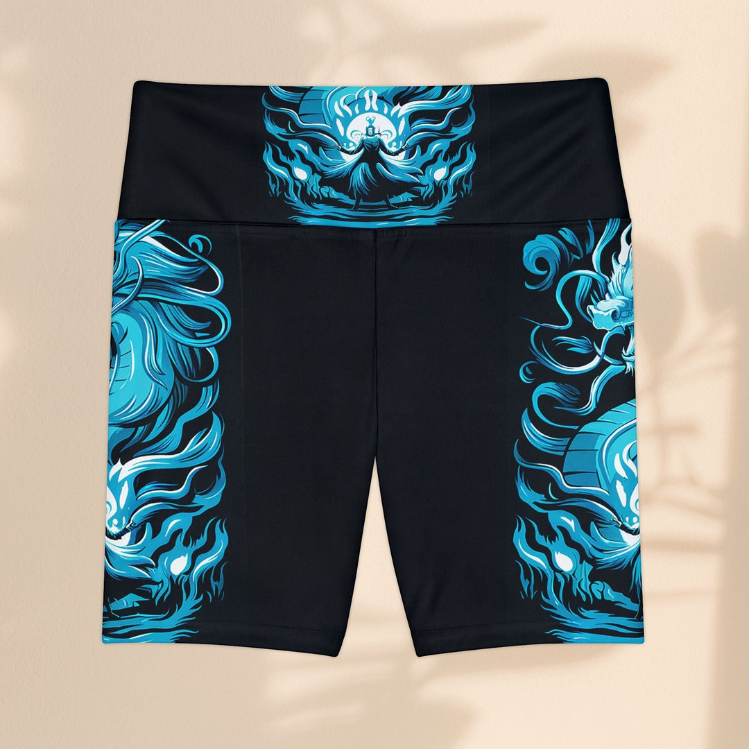 Sea Dragon Dreams Majestic Reign workout shorts in black with blue dragon and mystical figure print on polyester.