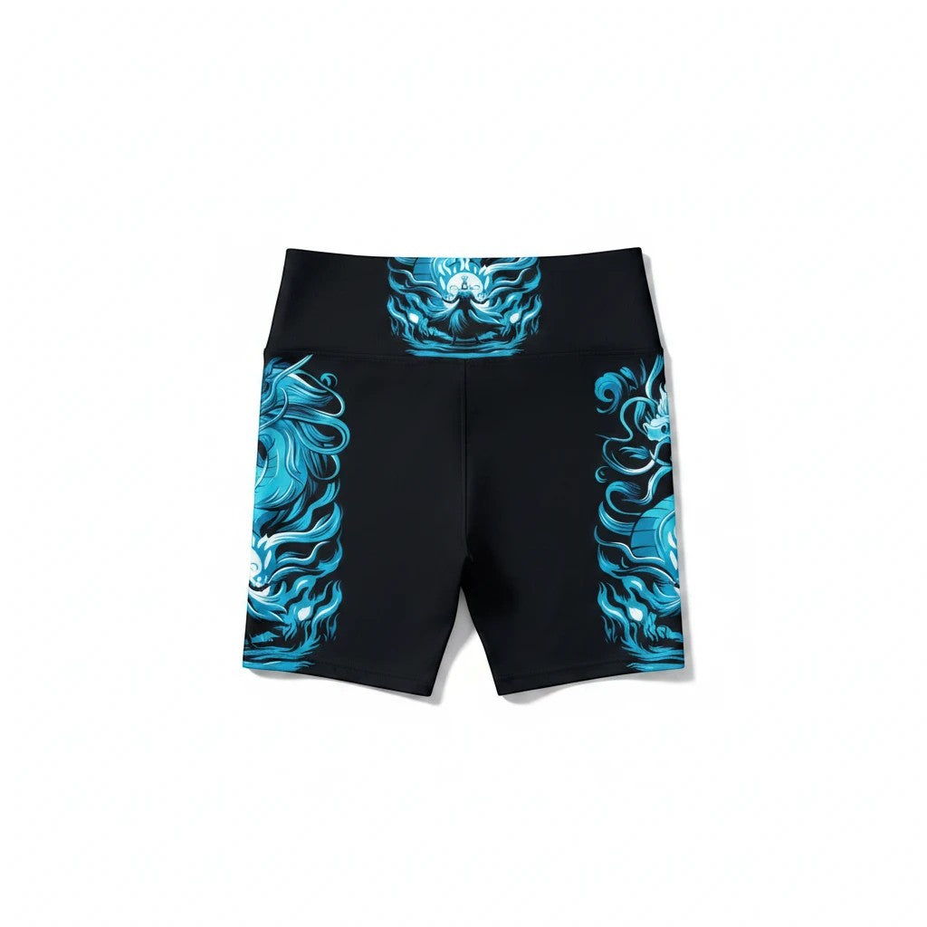 Sea Dragon Dreams Majestic Reign workout shorts in black with blue dragon-inspired side panel prints.