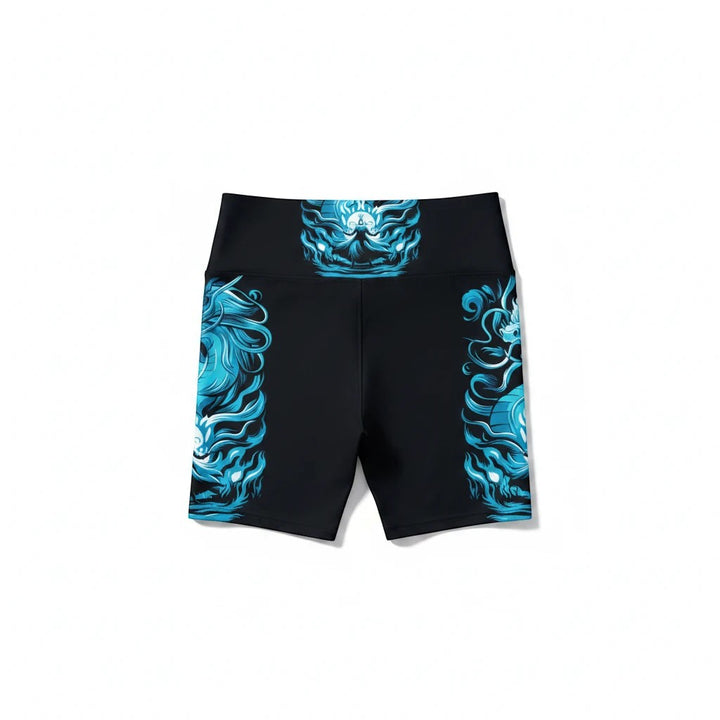 Sea Dragon Dreams Majestic Reign workout shorts in black with blue dragon-inspired side panel prints.