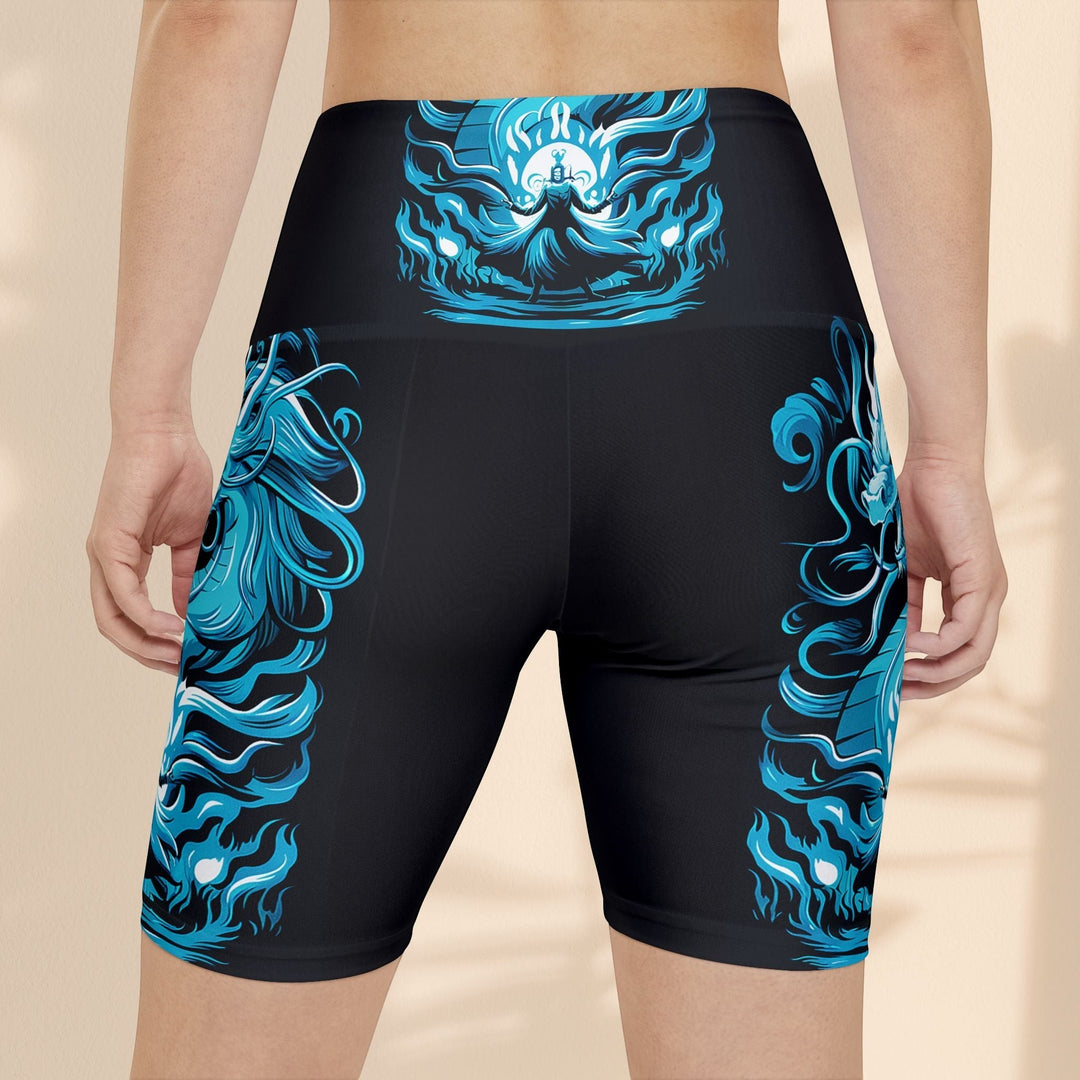 Sea Dragon Dreams Majestic Reign workout shorts featuring a blue dragon print on black polyester fabric