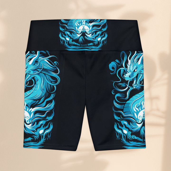 Sea Dragon Dreams Majestic Reign workout shorts in black with blue dragon print and high-waisted polyester design.