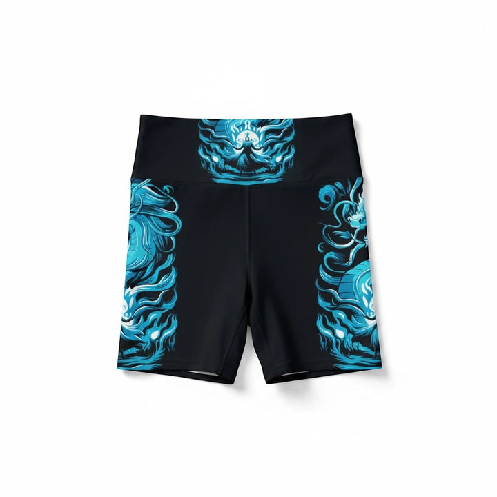 Sea Dragon Dreams Majestic Reign women's workout shorts in black with blue dragon-inspired graphic print.